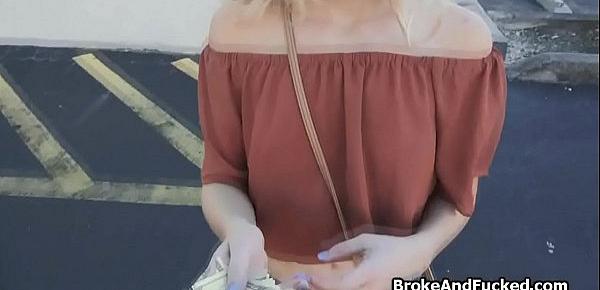  Broke braceface cutie blows stranger outdoors